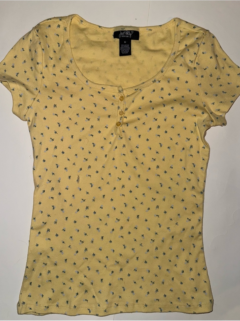 Justify Yellow Scoop Neck Short Sleeve Top with Tiny Blue Floral Print